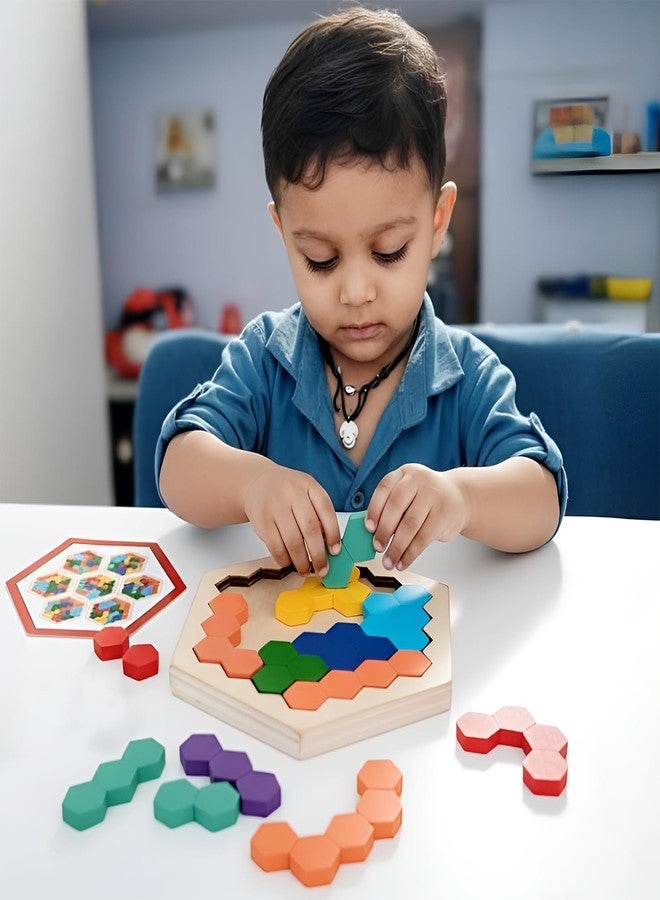 Wudly® Wooden Honeycomb Puzzle Board for Kids | Montessori Shape Matching Toy | Tangram Brain Storming Toy for Kids & Adults | Educational Wooden Puzzle for Toddlers - Image 4